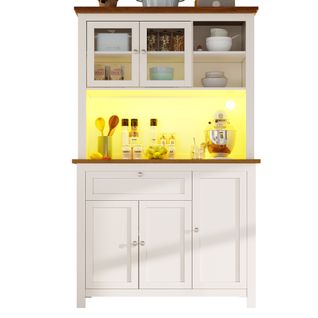 Buffet De Cuisine Avec Lumière LED, Meuble Cuisine  Haut, Compartiments Ouverts, Blanc