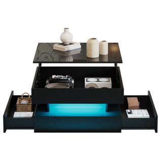 Table Basse Plateaurelevable 65x65x38.5cm, Avec LED, Tiroir, Rangement, Noir