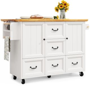 Îlot De Cuisine 120x73(45)x93cm - Avec Plateau De Table Pliable - Blanc