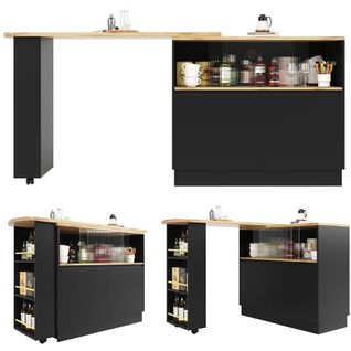 Meuble De Bar Pivotant 360°, 90×45×100 Cm, Avec Rangements Et Porte En Verre, Noir/bois