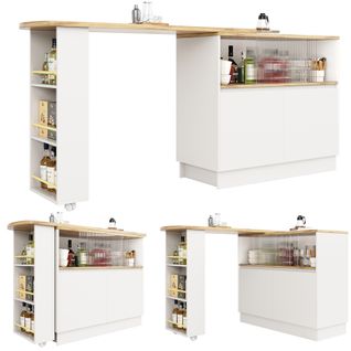 Meuble De Bar Pivotant 360°, 90×45×100 Cm, Avec Rangements Et Porte En Verre, Blanc/bois