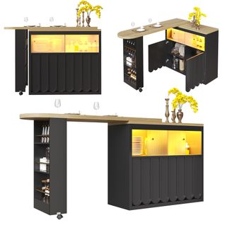 Table Bar Extensible Avec Rangements, LED Intégrée Et Roulettes – Îlot De Cuisine Mobile, Noir