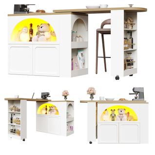 Table Bar Extensible Avec Rangements, LED Et Roulettes – Portes Arquées, Blanc