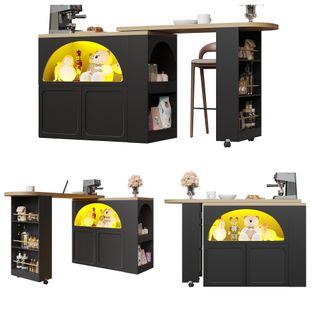 Table Bar Extensible Avec Rangements, LED Et Roulettes – Portes Arquées, Noir