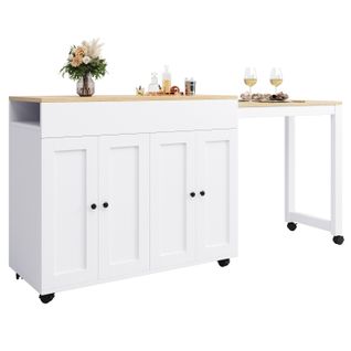 Table Bar  Avec Table Extensible Sur Roulettes Et Grand Espace De Rangement – Blanc