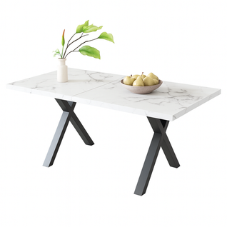 Table à Manger 140x80 Cm Effet Marbre Blanc, Pieds Croisés Métal Noir, Style Industriel