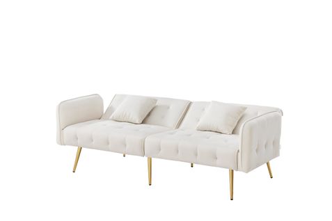 Canapé-lit Convertible 2 Places Velours, Dossier Réglable, Accoudoirs 6 Positions,blanc