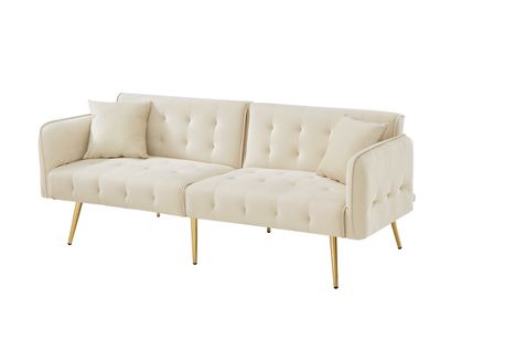 Canapé-lit Convertible 2 Places Velours, Dossier Réglable, Accoudoirs 6 Positions,beige