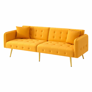 Canapé-lit Convertible 2 Places Velours, Dossier Réglable, Accoudoirs 6 Positions,jaune