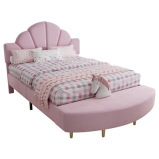 Lit 140x200 Velours Rose Rembourré + Tête De Lit, Banquette Assortie, Bords Anti-choc, Cadre Solide