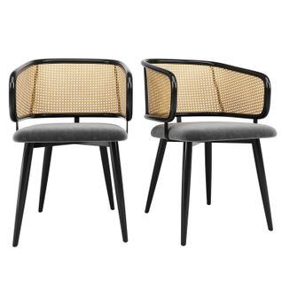 Lot De 2 Chaises Salle à Manger, Dossier Rotin, Assise Velours, Pieds Métal Effet Bois 150 Kg