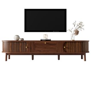 Meuble TV 170 Cm Noyer, Portes Coulissantes, 2 Tiroirs, Angles Arrondis, Mdf