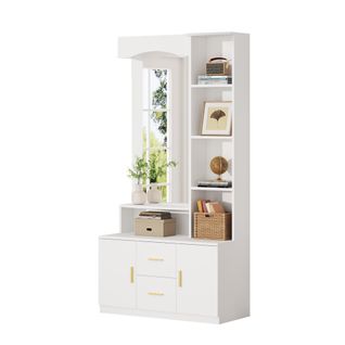 Meuble D’entrée 90x40x180 Cm, Armoire à Chaussures Avec Miroir, Étagères, Blanc