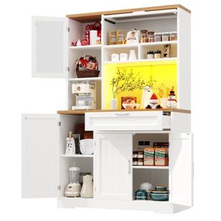 Armoire Haute Cuisine Avec LED, Vitrine Verre, 104x40x180 Cm,blanc