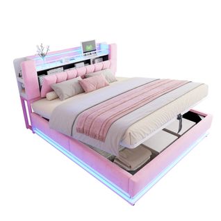 Lit Coffre Capitonné 180x200 Cm Avec LED, USB Et Coffre Hydraulique, Velours, Rose