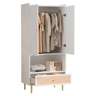 Armoire 2 Portes 80x175 cm, Tiroir Rotin Pe, Tringle