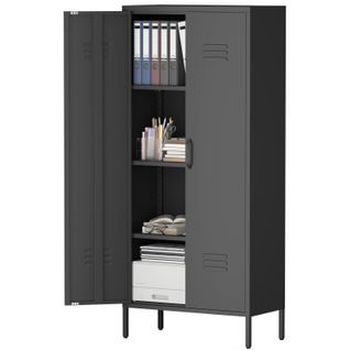 Bibliothèque Armoire Métal Haute 2 Portes, 3 Étagères Réglables, 120 Lb/étagère, Anti-rouille, Noir