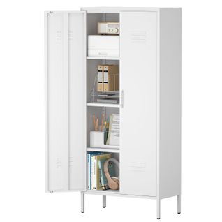 Bibliothèque Armoire Métal Haute 2 Portes, 3 Étagères Réglables, 120 Lb/étagère, Anti-rouille, Blanc