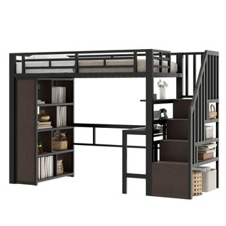 Lit Mezzanine 90 X 200 Cm Avec Bureau, Éclairage LED Et Rangement, Cadre En Métal Et Mdf,noir