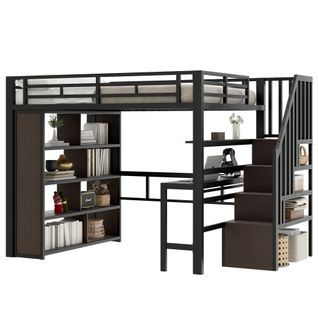Lit Mezzanine 140 X 200 Cm Avec Bureau,  Éclairage LED Et Rangement, Cadre En Métal Et Mdf,noir