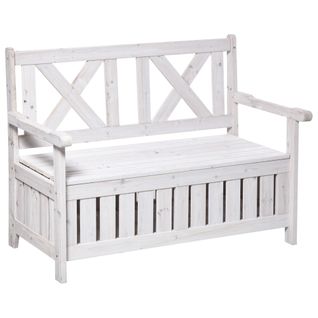 Banc De Jardin Avec Coffre De Rangement En Bois De Sapin 115x61x85cm, Résiste Aux Intempéries, Blanc