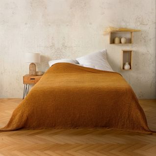 Plaid Ou Couvre Lit 100% Coton Nid D’abeille - 125x150 Cm - Jaune Ocre