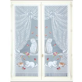 Paire De Petits Voilages Dentelle Chatons Et Franges - 60x120 Cm - Bleu
