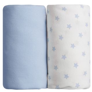 Lot De 2 Draps Housse En Coton 70x140 Cm Bleu Ciel + Imprimé Étoiles
