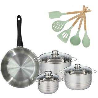 Lot Poêle 28 Cm Fackelmann Généva Et 3 Faitouts En Acier Inoxydable 16/20/24 Cm Et 5 Ustensiles