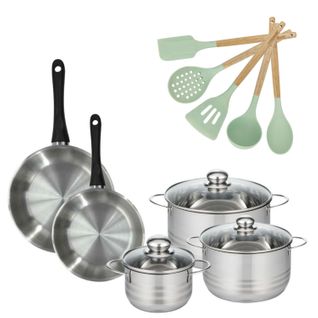 Lot 2 Poêles 24/28cm Fackelmann Geneva Avec 3 Faitouts 16/20/24cm Et 5 Ustensiles Océan