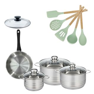 Lot Poêle 20cm Avec Couvercle Et 3 Faitouts 16/20/24cm Fackelmann Généva Avec 5 Ustensiles De Cuisi…