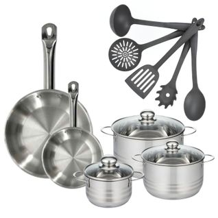 Set 2 Poêles 20 Et 28 Cm En Inox, 3 Faitouts Inox 16, 20 Et 24 Cm Et 5 Ustensiles Fackelmann Eterna