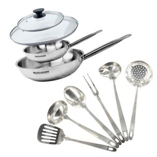 Set De 2 Poêles 20 Et 28 Cm En Inox, 2 Couvercles Verre Et 6 Ustensiles Inox Eterna