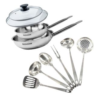 Set De 2 Poêles 24 Et 28 Cm En Inox, 2 Couvercles Verre Et 6 Ustensiles Inox Eterna