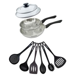 Set 2 Poêles 20 Et 24 Cm En Inox, Couvercles Verre Et 6 Ustensiles Geneva