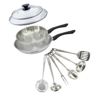 Set 2 Poêles 24 Et 28 Cm En Inox, Couvercle Verre Et 6 Ustensiles Inox Geneva