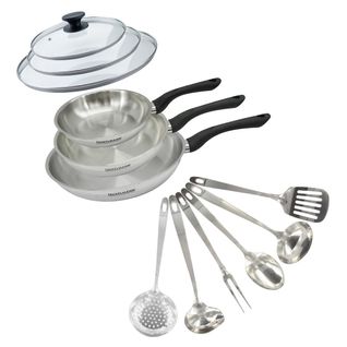 Set 3 Poêles 20 24 Et 28 Cm En Inox, Couvercles Verre Et 6 Ustensiles Inox Geneva