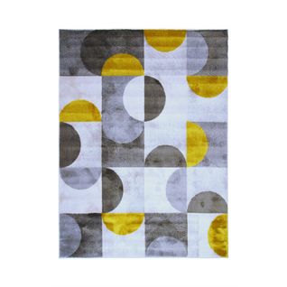 Tapis Salon Motifs Arcs De Cercle Et Carrés Gris, Jaune Et Crème 133x170