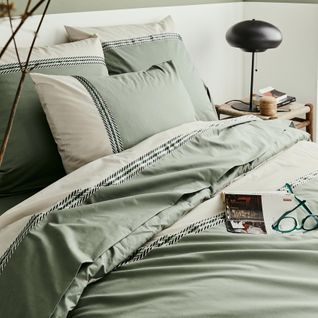 Drap Plat En Percale De Coton à Galon Géométrique - 280x325 Cm - Vert Olive