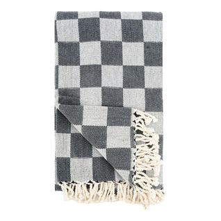 Plaid En Coton Damier Gris Avec Franges