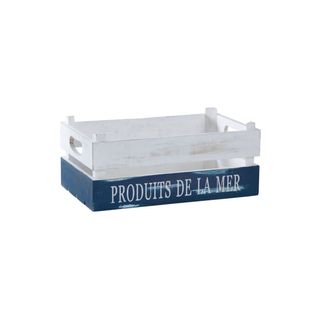 Caisse "produits De La Mer" En Bois Patiné Blanc Et Bleu