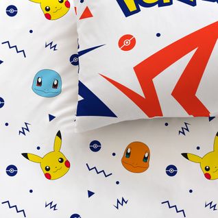 Parure De Lit Imprimée 100% Coton, Pokemon Ziggy Blanc, Bleu 140x200+63x63cm