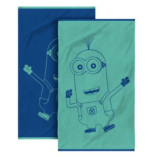 Serviette De Bain Jacquard 100% Coton, Les Minions Fiesta Bleu Vert 70x120cm