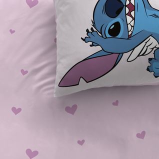 Parure De Lit Imprimée 100% Coton, Disney Home Stitch Cupidon Rose 140x200+63x63cm
