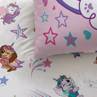 Parure De Lit Imprimée 100% Coton, Pat Patrouille Licorne Rose 140x200+63x63cm