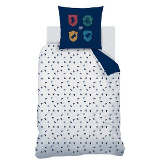 Parure De Lit Imprimée + Drap Housse 100% Coton, Harry Potter Blason Bleu 140x200+90x190/200+63x63cm