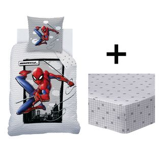 Parure De Lit Imprimée + Drap Housse 100% Coton, Spiderman Hero Bleu 140x200+90x190/200+63x63cm