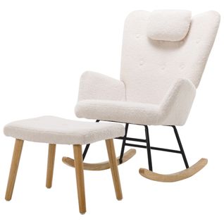 Fauteuil à Bascule Blanc Confortable, Fauteuil à Bascule En Peluche Avec Appui-tête Et Repose-pieds