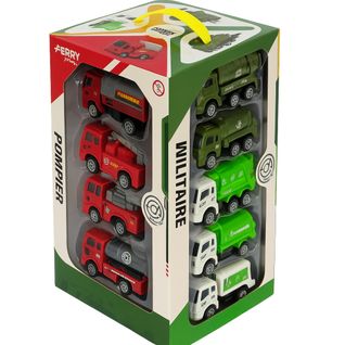 Coffret 16 Camions à Rétrofriction, Véhicules Métier Militaire, Construction, Pompier Et Propreté, J