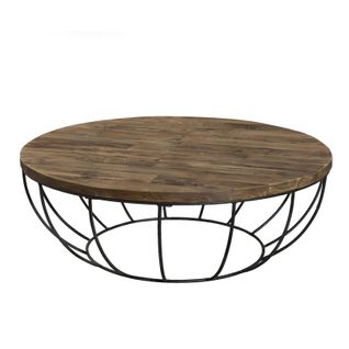 Sixtine - Table Basse Coque Ronde 100x100cm Plateau Teck Recyclé Piétement Métal Noir